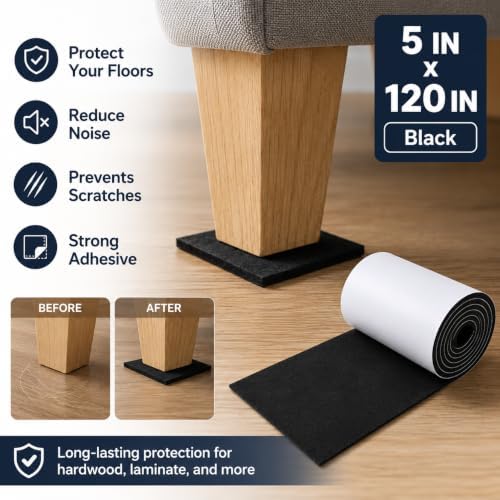 Felt Furniture Pads Self Adhesive Felt Tape for Hardwood Floors (Black, 5"x120") - Image 5
