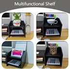 Computer Monitor Riser, 2 Tier Wooden Stand With Two Layer Storage Rack, Black Desktop Organizer for PC/Laptop, Home & Office - Image 6