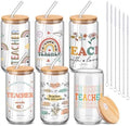6 Pcs Back to School Teacher Gifts Bulk, 16 oz Glass Cups with Lid and Straw, Teacher Appreciation Can Shaped Drinking Glasses, Coffee Tumblers for First Day of School Classroom Party Favors by RimCereal