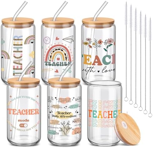 6 Pcs Back to School Teacher Gifts Bulk, 16 oz Glass Cups with Lid and Straw, Teacher Appreciation Can Shaped Drinking Glasses, Coffee Tumblers for First Day of School Classroom Party Favors by RimCereal
