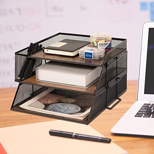 Vintage Wood & Metal Letter Tray， Stackable Desk Organizers Paper Tray， for File Magazines Mail Organizer, Vintage Wood Desk File Organizer with Pen Holder(3 Layer) - Image 2