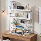 Desk Shelf, 36.8” Desktop Organizer Shelf with Grid Panel and Hooks, Desk Hutch for Computer Monitor, 2 Tier Desk Display Rack Wood Desktop Bookshelf Storage for Home Office Dorm (White, 36.8") - Image 2