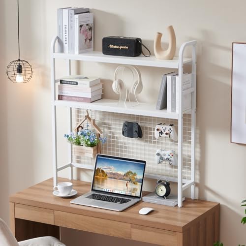 Desk Shelf, 36.8” Desktop Organizer Shelf with Grid Panel and Hooks, Desk Hutch for Computer Monitor, 2 Tier Desk Display Rack Wood Desktop Bookshelf Storage for Home Office Dorm (White, 36.8") - Image 2
