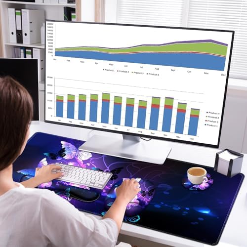 Large Mouse Pad with Wrist Support 4in1 Set, XXL Game Mousepad + Keyboard Wrist Rest+Mouse Wrist Rest+Coaster with Ergonomic Design Gaming Mat for Home Office Table Computer I Purple Butterfly - Image 7