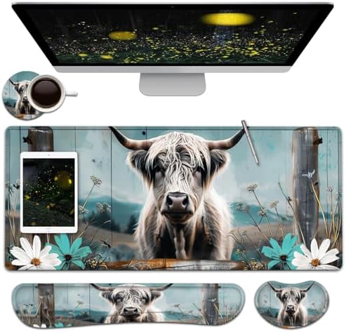 Large Mouse Pad + Keyboard Wrist Rest Set, Extended Gaming Mousepad (31.5X11.8 inch) with Non-Slip Rubber, Ergonomics Memory Foam Mouse Wrist Rest Support, Highland Cow Painting XXL Desk Pad by Unknown