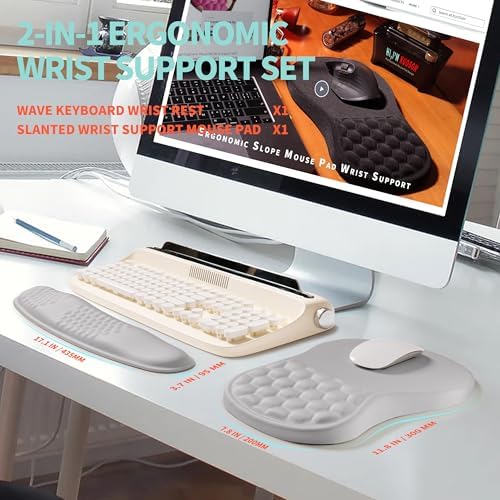 2-in-1 Ergonomic Set, Wave Rise Keyboard Wrist Rest and Massage Bulge Slope Mouse Pad Wrist Support, Cushion Memory Foam Integrated to Relieve Wrist Pain, Silver Gray - Image 5