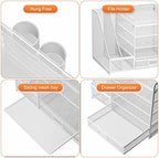 Marbrasse Desk Organiser with File Holder, 5-Tier Paper Letter Tray Organiser with Drawer and 2 Pen Holder, Mesh Desktop Organizer and Storage with Magazine Holder for Office Supplies(White) - Image 4