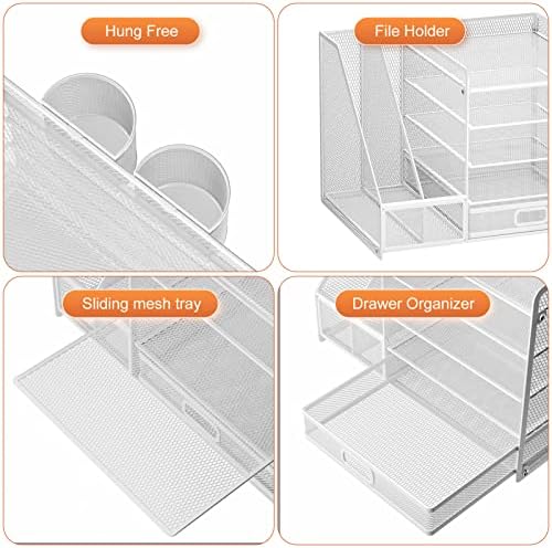 Marbrasse Desk Organiser with File Holder, 5-Tier Paper Letter Tray Organiser with Drawer and 2 Pen Holder, Mesh Desktop Organizer and Storage with Magazine Holder for Office Supplies(White) - Image 4
