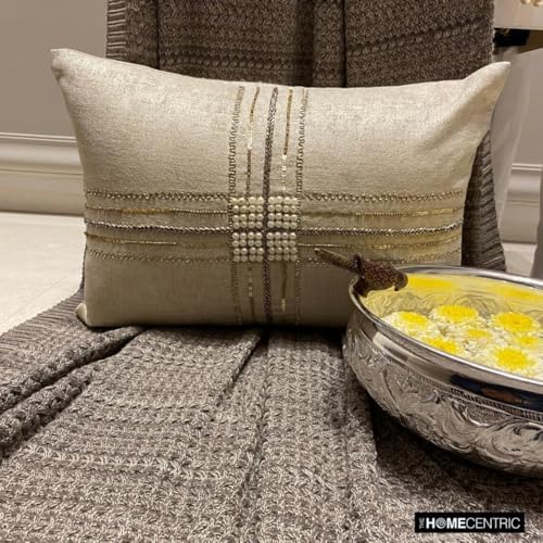 The HomeCentric Decorative Lumbar Pillow Cover Gold, 12"x24" (30x60 cm) Jacquard Zardozi, Textured, Beaded, Hand Embrodiery Oblong Cushion Cover, Striped Modern Style - Zarae - Image 3