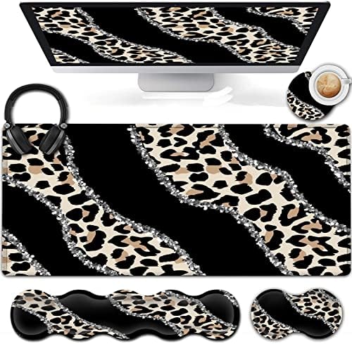 Black Large Gaming Mouse Pad - 31.5x11.8, Ergonomic Memory Foam Wrist Rest Support, Non-Slip Base, Leopard Design by Unknown
