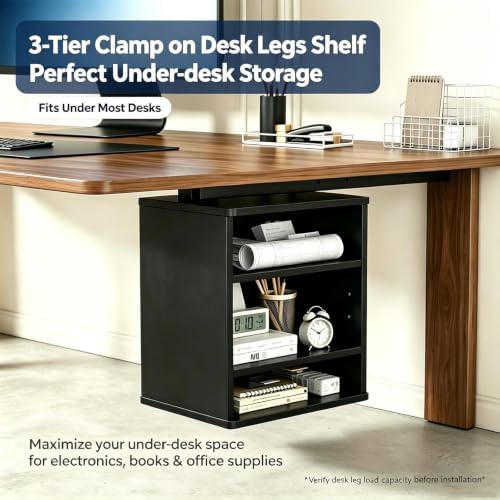 Clamp‑on Desk Leg Shelf, Height‑Adjustable Under Desk Storage Organizer, No Drill Attachable Under Desk Shelf for Standing Desk Accessories, Open 3‑Tier Storage for Home Office Workstation, Black - Image 3