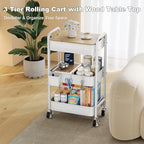 3 Tier White Rolling Cart with Wood Table Top,Metal Storage Organizer Carts - Image 4