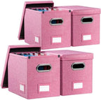 PRANDOM File Organizer Box - Set of 4 Collapsible Decorative Linen Filing Storage Hanging File Folders with Lids Office Cabinet Letter Size Pink (14x9.3x10.8 inch) by Prandom
