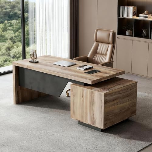 63“ Executive Office Desk with File Drawer, Modern Professional Desk with Cable Management Box, Office Desk with Storage Cabinet & Privacy Panel, 1.8” Thick Desktop for Home Office (Mahogany, Left) by SAINTCY