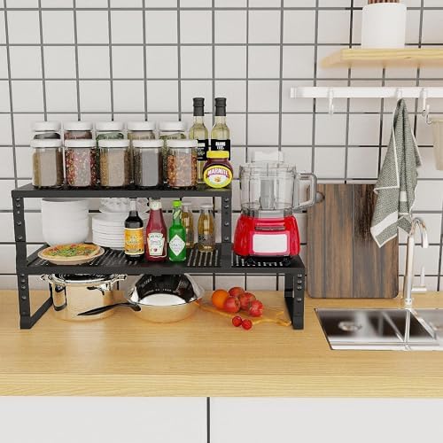 Jojocross Expandable Cabinet Shelf Organizer Storage Spice Rack Shelves for Kitchen Stackable Adjustable Pantry Cupboard Bathroom Countertop Desktop(2Packs/Black/Large-with Hole) - Image 2