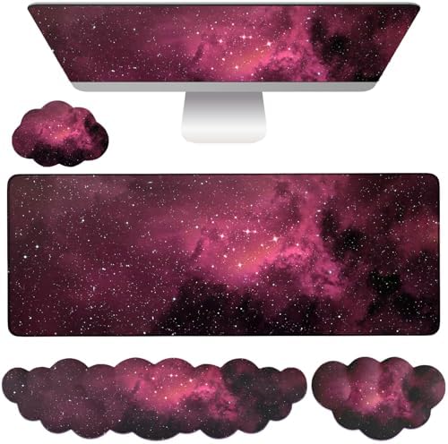 Cloud Mouse Pad Keyboard Wrist Rest 4PCS Extended Large Galaxy Desk Mat Pad Set Memory Foam Non-Slip Cute Ergonomic Gaming Mouse Pad Wrist Support for Computer Laptop Home Office Black Pink by WFCYGL