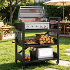 3-Tier Outdoor Grill Cart Table, Heavy-Duty Steel Mobile Pizza Oven Table with Pegboard Lockable Wheels and Ergonomic Handle Multifunctional Organizer Station for Backyard BBQ Camping Tailgate Cooking by Unknown
