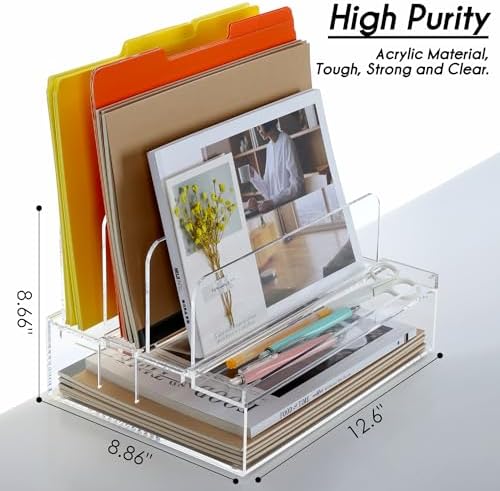 DINGHUO Acrylic Desk Organizers and Accessories, Paper Letter Tray Organizer with 3 Vertical File Holder, Clear File Organizer for Desk Home Office Supplies -1 Pack - Image 3