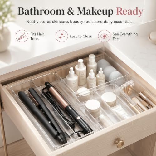 10 Pack Clear Drawer Organizer, 5 Sizes, Non-Slip Storage Trays - Image 6