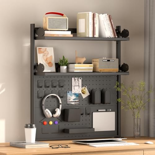 Modern Metal Clamp-On Desk Hutch with Pegboard, 2-Tier Desktop Organizer Shelf for Home Office or Gaming Desk, 31.4", Black - Image 4