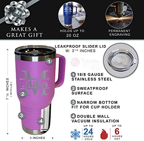 The Wedding Party Store Custom Personalized 20 oz Stainless Steel Powder Coated Vacuum Insulated Double Walled Travel Tumbler Coffee Mug with Handle and Lid (Lavender) - Image 3