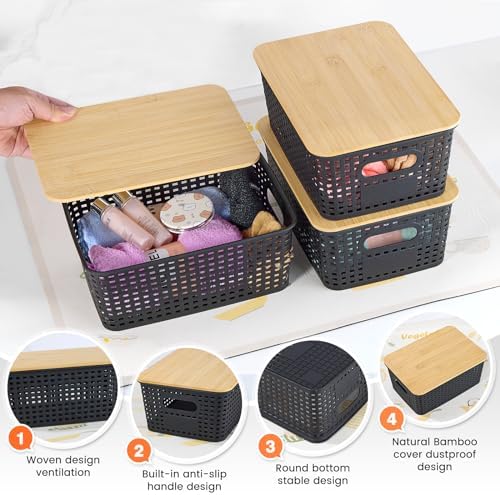 Ohmlove 6 Pack Plastic Storage Baskets with Bamboo Lids for Organization - Image 3