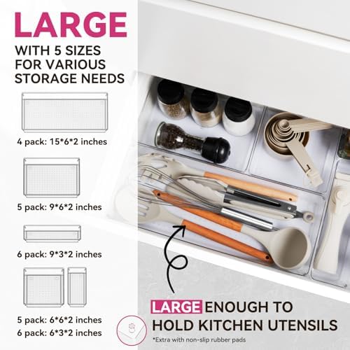 Criusia Large Drawer Organizer Bins 26 Pack | Complete 5 Size Clear Plastic Kitchen Drawer Organizers for Utensils | Bathroom Drawer Organizer Trays | Versatile for Makeup Office Organization - Image 2