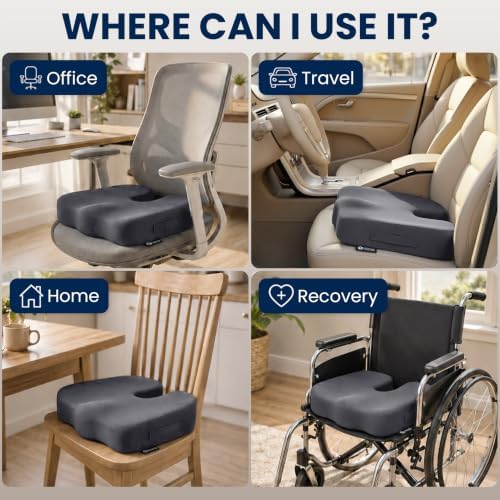 5 STARS UNITED Seat Cushion - Memory Foam Chair Cushion for Tailbone Pain Relief - Ergonomic Support for Coccyx, Sciatica & Butt - Office, Desk & Gaming Chair, Car Seat, Wheelchair, Airplane, D Gray - Image 3