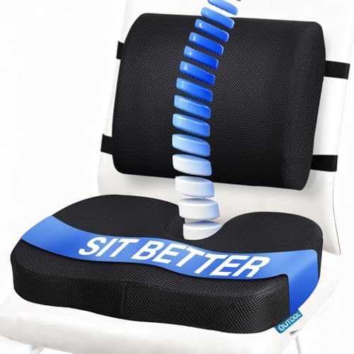 Seat Cushion & Lumbar Support Pillow for Office Chair, Car, Wheelchair Memory Foam Desk Chair Cushion for Sciatica, Lower Back & Tailbone Pain Relief Desk Pad with Adjustable Strap 3D Washable Cover by QUTOOL