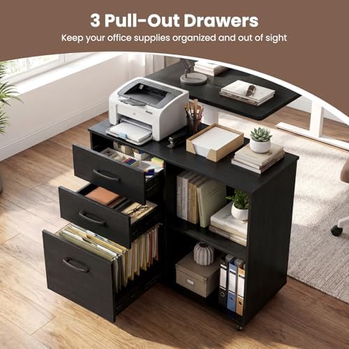 Giantex 3-Drawer Mobile File Cabinet, Rolling Printer Stand with Open Storage Shelves, Under Desk Lateral Filing Cabinet for Letter/A4 Size, Wooden Office Organizer with Wheels for Home Office (Black) - Image 6