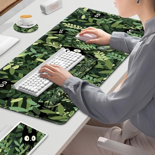 Large Desk Mat, Cute Anime Cats Gaming Mouse Pad, Desk Pad Protector, XXL Mousepad + Keyboard Wrist Rest+Mouse Wrist Rest+Coaster Set with Ergonomic Desk Pad for Home Office PC Computer, Green Leaves - Image 7