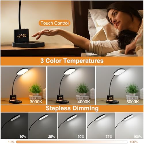 10W Wireless Charging LED Desk Lamp with Clock, Light Black - Image 5