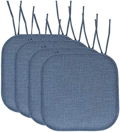 Sweet Home Collection Chair Cushion Memory Foam Pads with Ties Honeycomb Pattern Slip Non Skid Rubber Back Rounded Square 16" x 16" Seat Cover, Herringbone Blue by SweetHomeCollection
