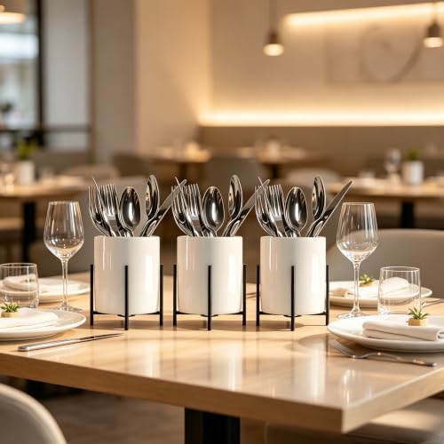 2pcs Cutlery Holder White Ceramic With Black Matte Bracket Robust Silverware Caddy For Store Forks, Knives, Spoons, Napkins, Medium - Image 2
