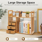 Bamboo Desktop Bookshelf, Desktop Bookshelf Organizer with 3 Drawers Desk Shelf Desktop Hutch Desk Bookshelf Desk Organizer Shelf Cute Small Desk Display Cubby Top for Home Office Bedroom - Image 3