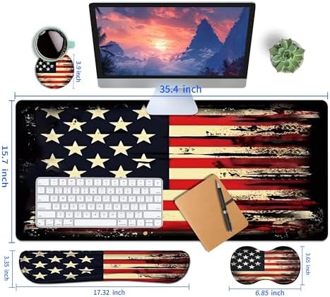 4-Piece Extended Large Mouse Pad Set for Women Men with Retro Flag Design Includes 35.4 x 15.7 XXL Large Mouse Pad Keyboard Wrist Rest Mouse Wrist Support and Coaster for Office Home - Image 5