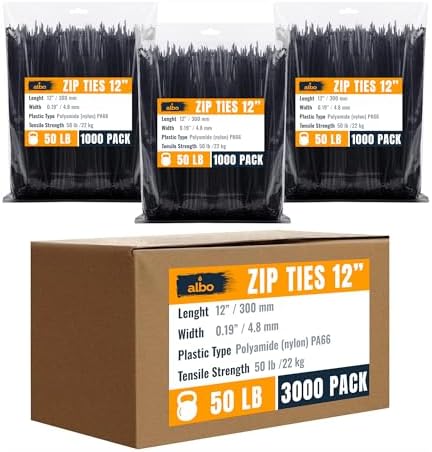 ALBO 3000 Pcs. Black Zip Ties, 12 Inch, Heavy Duty, 50 lb Tensile Strength by BinamInc