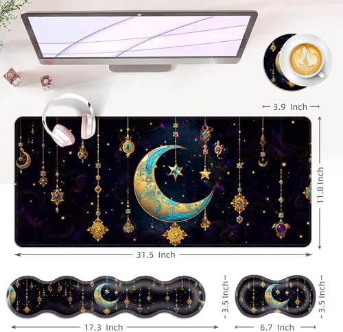 Large Keyboard Mouse Pad Set, Extended Mouse Pad+Keyboard Wrist Rest Support, Memory Foam Ergonomic Easy Typing, 4Pcs (31.5×11.8 in) Desk Pad Set for Office Home,Galaxy Moon Star - Image 6