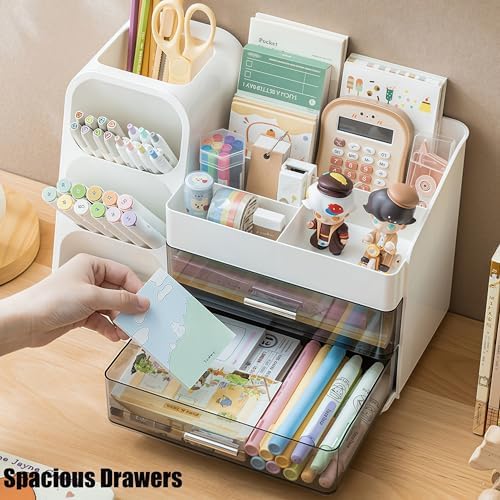Desk Organizer with Pen Pencil Holder, Pen Organizer with 2 Drawers & 4 Compartments, Desktop Organizers and Storage for Office Home School Art Supplies (White) - Image 3