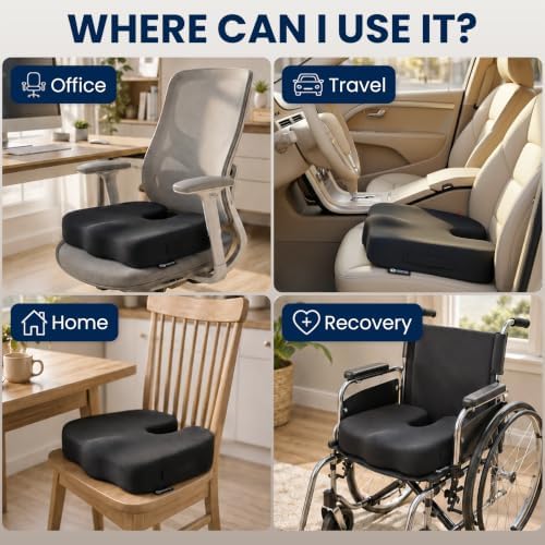 5 STARS UNITED Seat Cushion - Memory Foam Chair Cushion for Tailbone Pain Relief - Ergonomic Support for Coccyx, Sciatica & Butt - Office, Desk & Gaming Chair, Car Seat, Wheelchair, Airplane, Black - Image 3