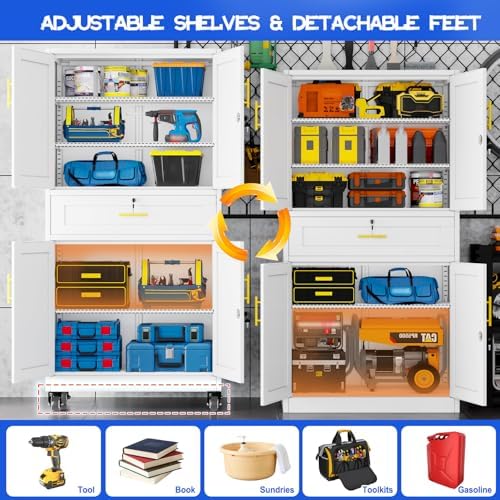 GAIOUS Metal Garage Storage Cabinet with Wheels and Drawer, Steel File Cabinet for Home Office, 74'' Tall Tool Cabinet with 4 Locking Doors and 3 Adjustable Shelves, Rolling Cabinet for Garage - White - Image 4