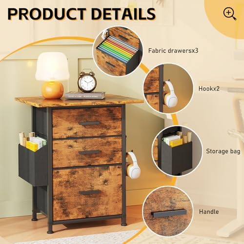 Mexin 3 Drawer File Cabinet with 22'' Extended Desktop, Mobile Filing Cabinet, Printer Stand, Rolling Printer Stand with Side Bag, Fabric Drawer, Fits A4 Size, Home Office,Rustic Brown - Image 7