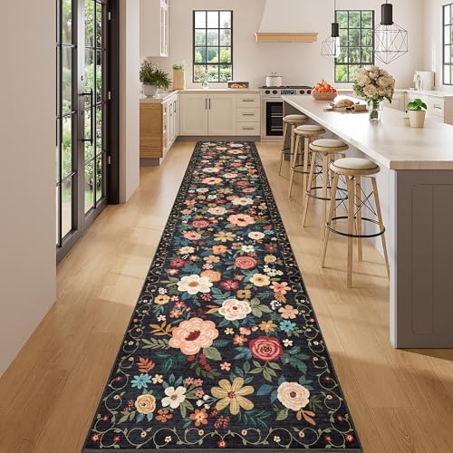 DUKINO 2.6x14 Washable Runner Rug, Floral Non Slip Long Runner Rug, Black - Image 3