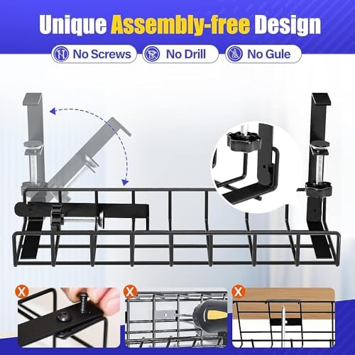 Under Desk Cable Management Tray 2 Pack, Xpatee Wire Management No Screws, Cable Tray with Clamp for Wire Management, Computer Code Rack for Office, Home - No Damage to Desk Black - Image 2
