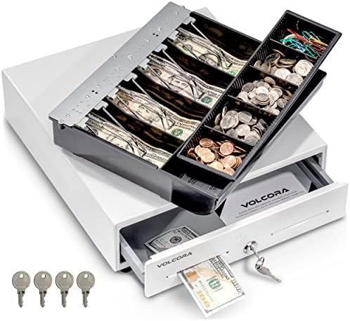 Volcora 13" Cash Register Drawer for Point of Sale (POS) System with Fully Removable 2 Tier Cash Tray, 4 Bill/5 Coin, 12-24V, RJ11/RJ12 Key-Lock, Double Media Slot, Small Money Drawer, White by Volcora