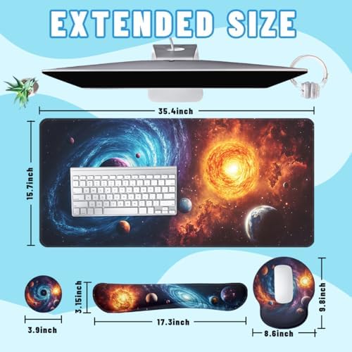 Galaxy Space Desk Mat Set Black Hole Solar Mouse Pad with Wrist Rest 4in1 Desk Mat for Desktop Ergonomic Keyboard Wrist Support Anti-Slip Computer Ergonomic Mouse Pad Home Office Gaming - Image 2