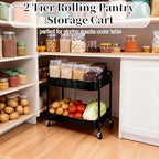 2 Tier Short Rolling Cart with Wheels for Under Desk Storage & Panrty Floor Organizer, Large Capacity Metal Kitchen Utility Cart, Sturdy Makeup Organizer for Small Space with 4 Hooks, Black - Image 2