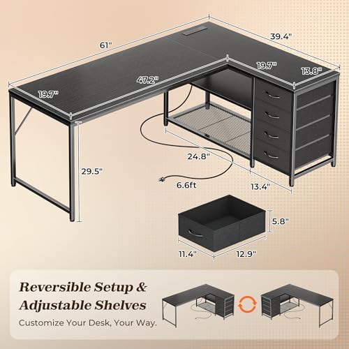 PRAISUN 61" L Shaped Desk with Power Outlets & 4 Drawers - Image 3