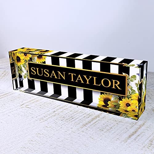 Artblox Office Desk Name Plate Personalized | Custom Name Plates on Acrylic Glass Decor | Office Desk Decor - Sunflowers Design - (8"x2.5") - Image 5
