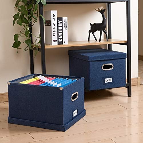 PRANDOM File Organizer Box - Set of 4 Collapsible Decorative Linen Filing Storage Hanging File Folders with Lids Office Cabinet Letter/Legal Size Navy Blue 17.1x14x11.1 inch - Image 2